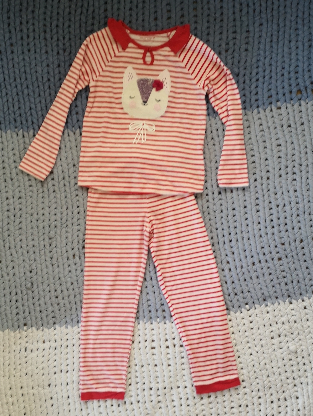 Girls Red & White Striped Pajama Set with Cute Animal Applique